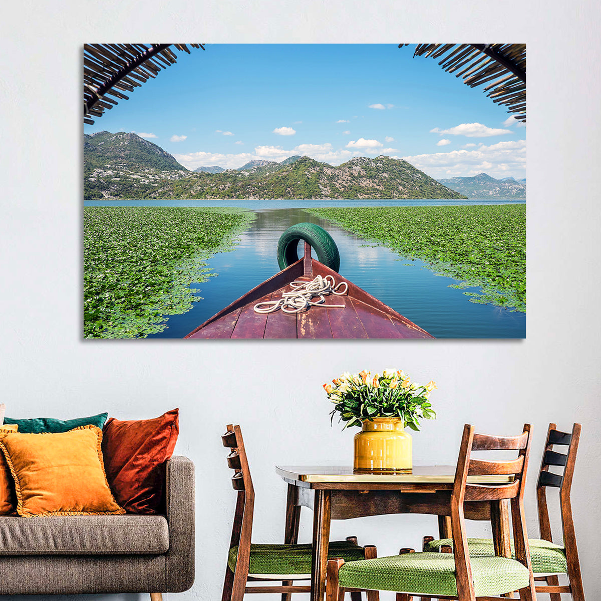 Bow of a Boat at Shkodra Lake Wall Art in a room, landscape