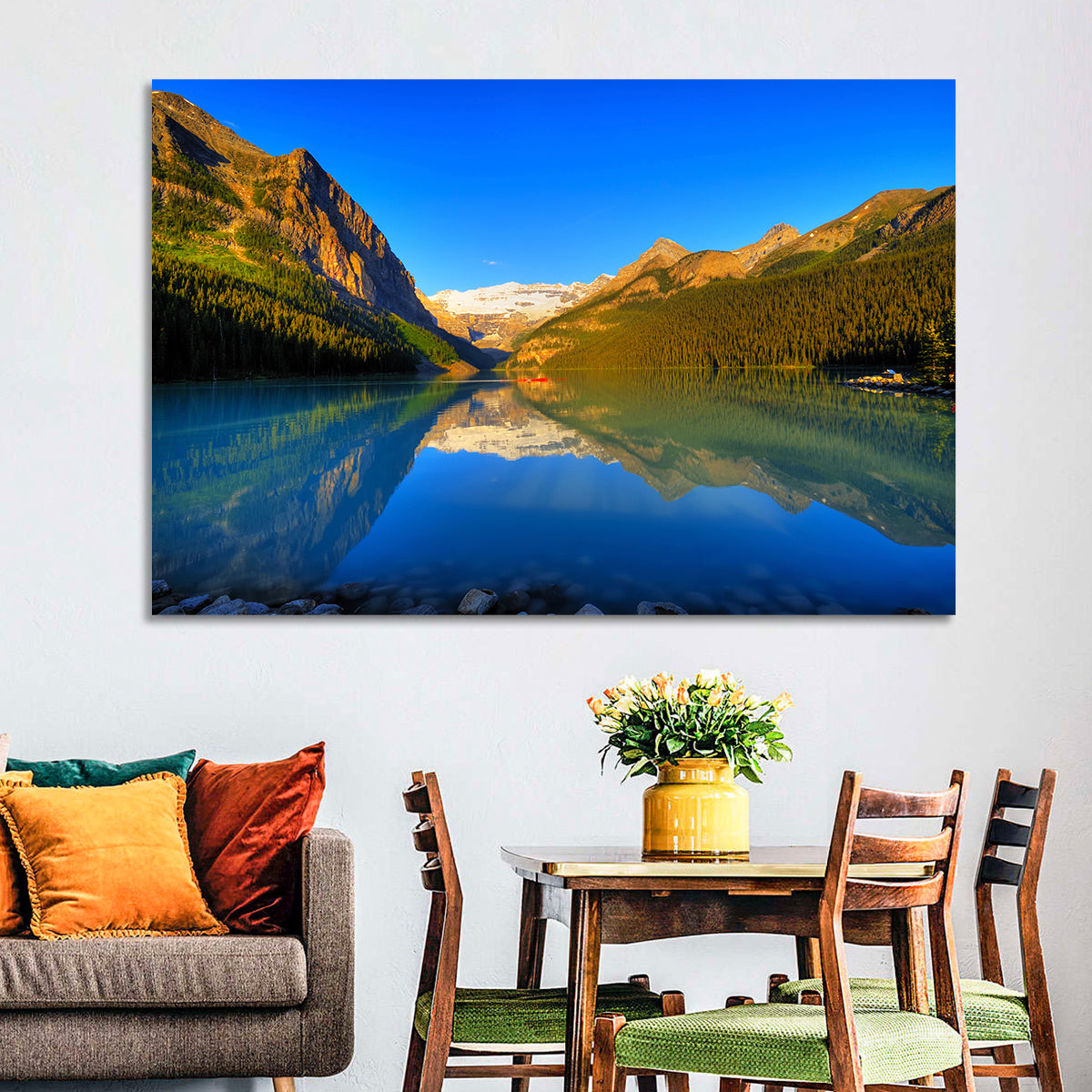 Lake Louise Canoe Reflection Wall Art in a room, landscape