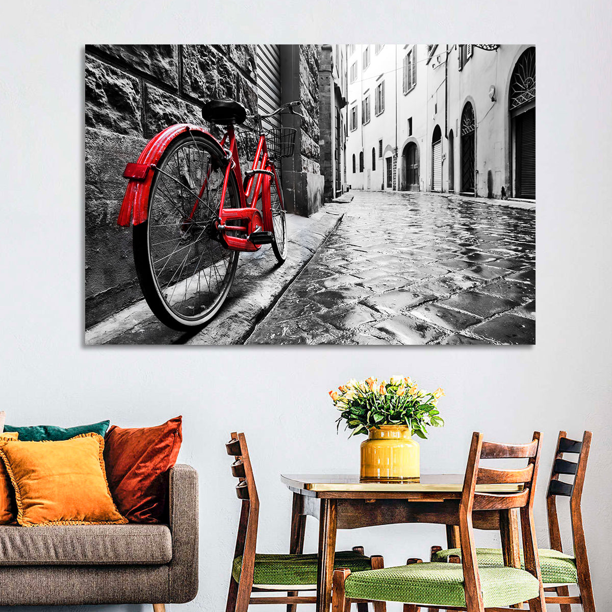 Red Bicycle on Rainy Cobblestone Street Wall Art in a room, landscape