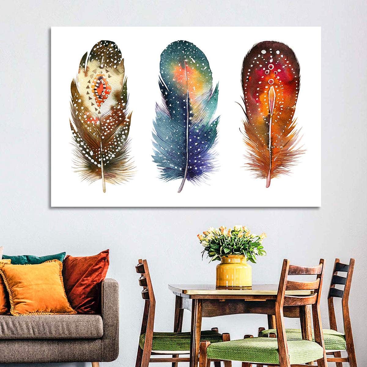 Boho Watercolor Feather Trio Wall Art in a room, landscape