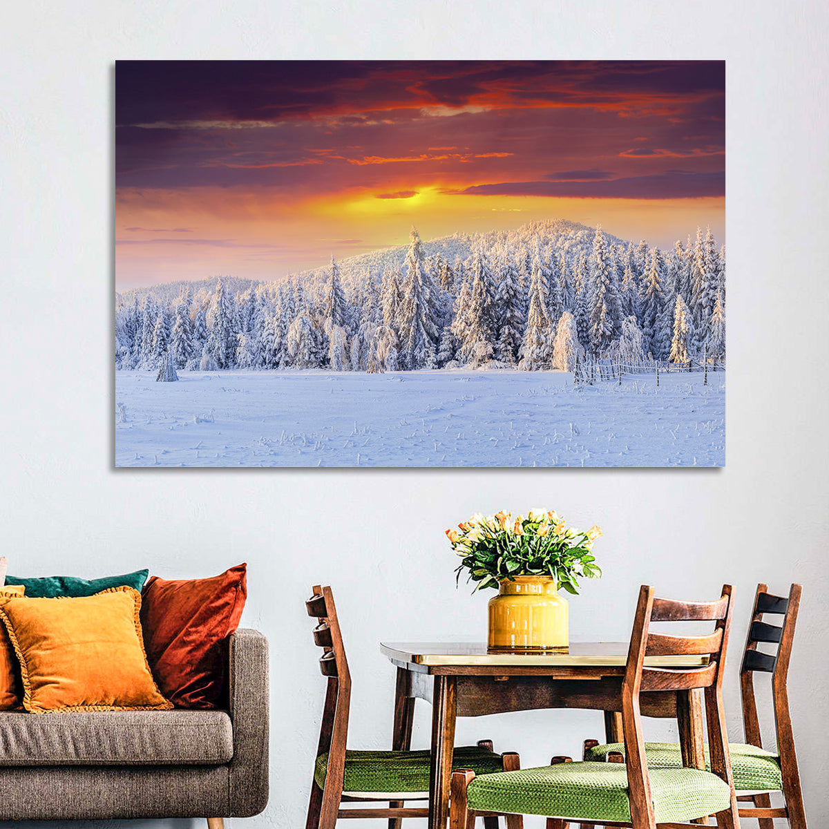 Snowy Forest Sunset Wall Art in a room, landscape