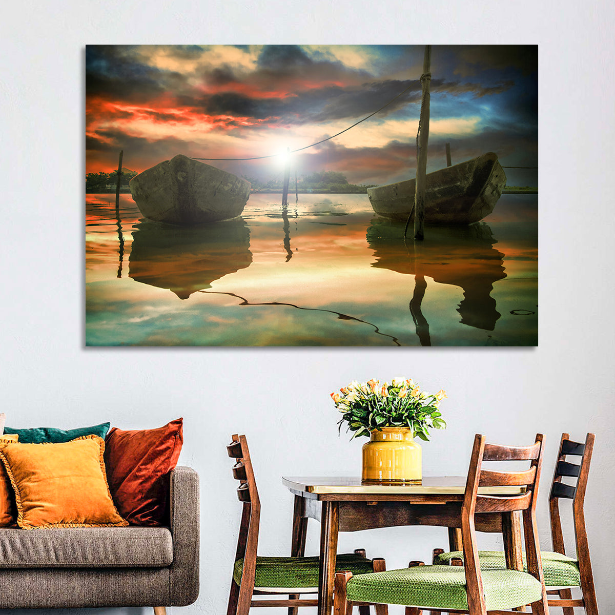 Two Wooden Boats at Sunset Wall Art in a room, landscape
