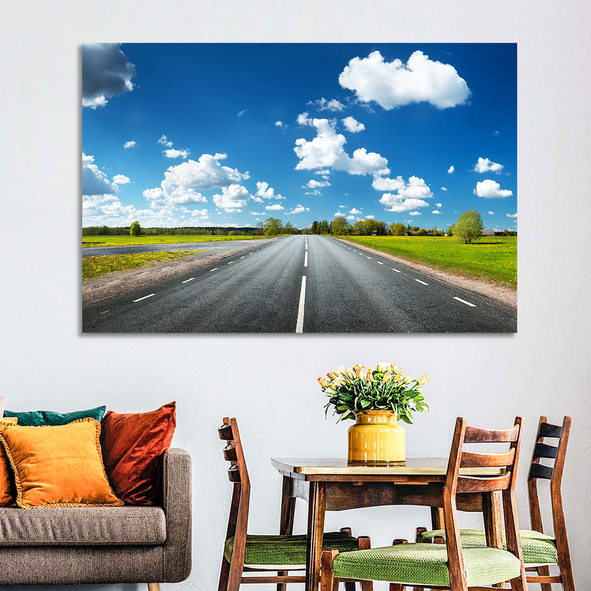 Asphalt Road Through Meadow Wall Art in a room, landscape