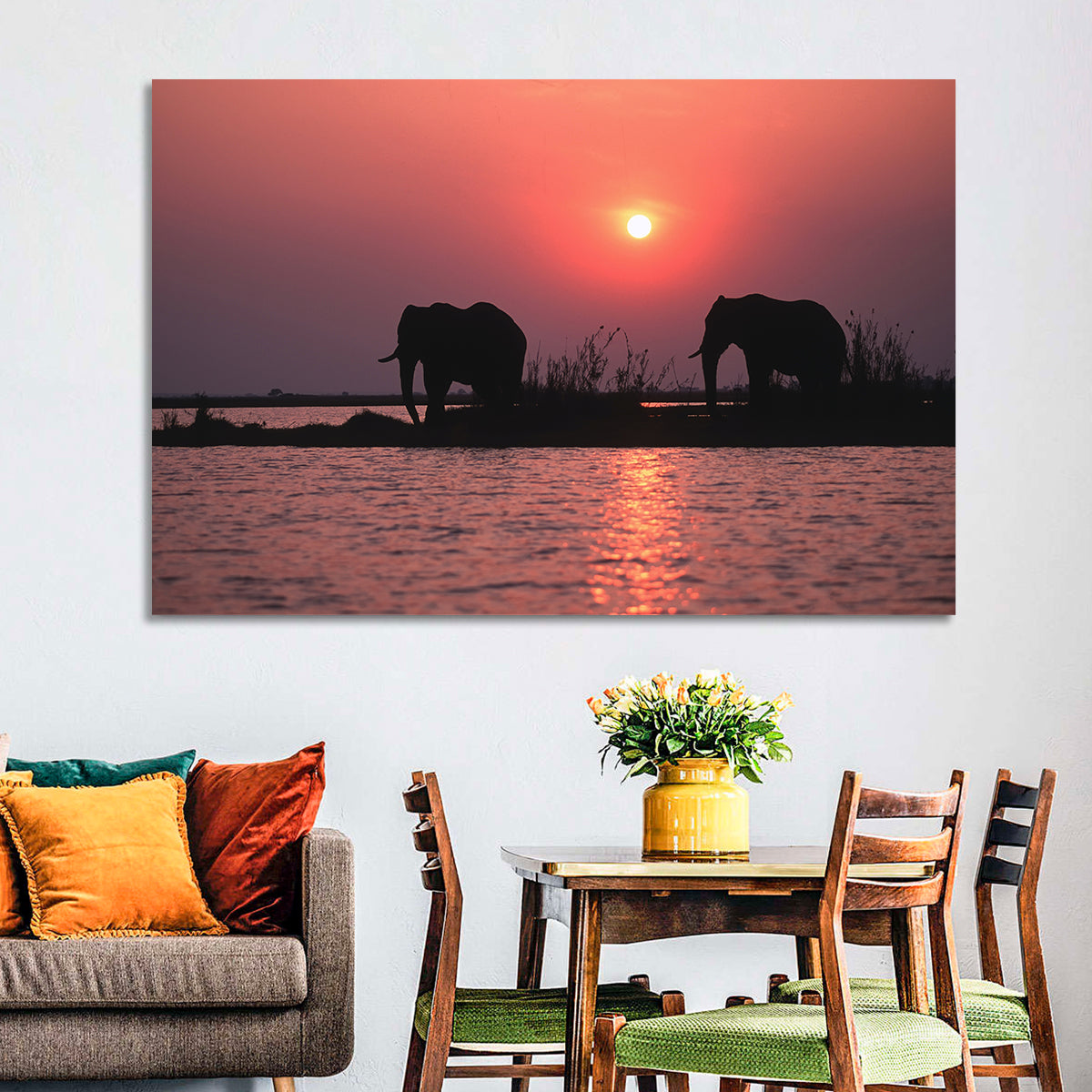 Elephants at Sunset Silhouette Wall Art