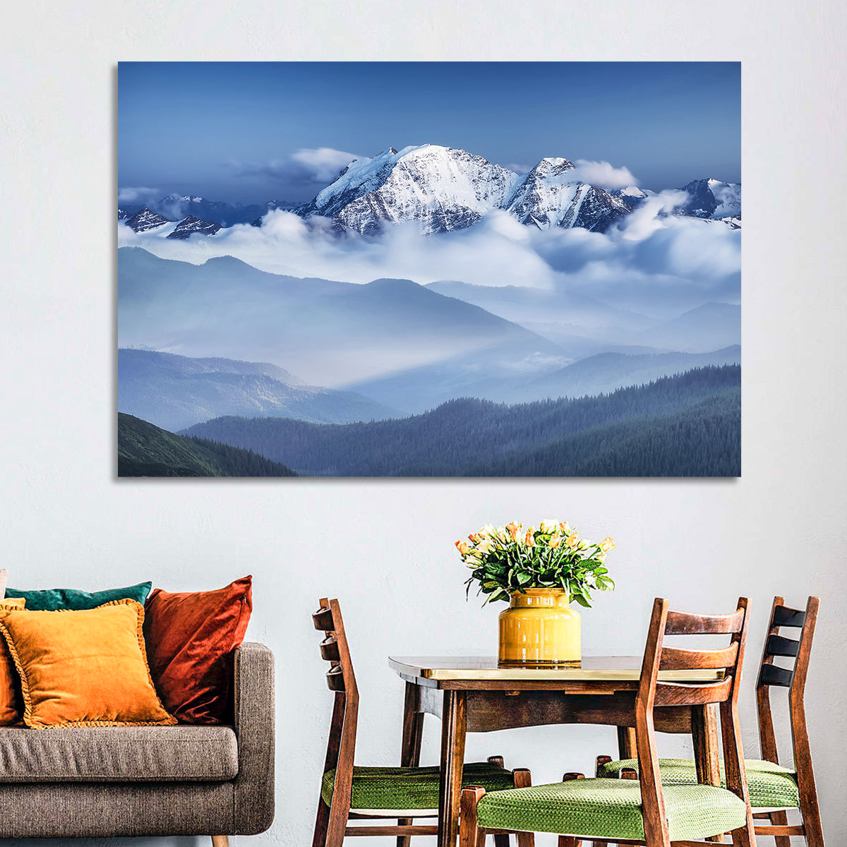 Snow-capped Peaks in Clouds Wall Art in a room, landscape