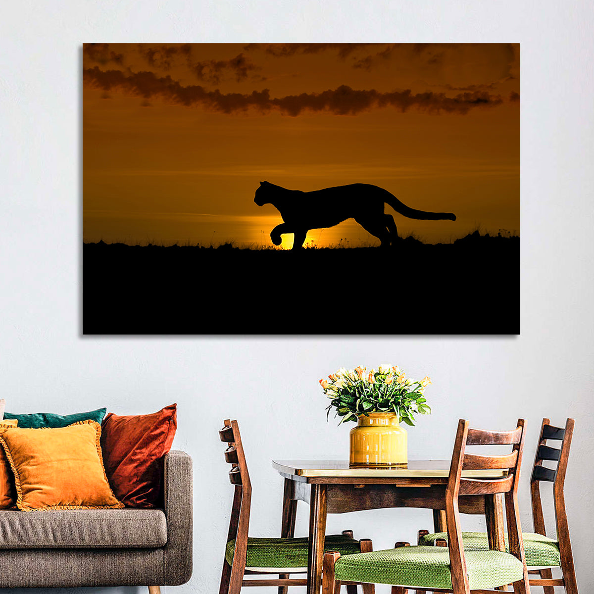 Cougar Silhouette at Sunset Wall Art in a room, landscape