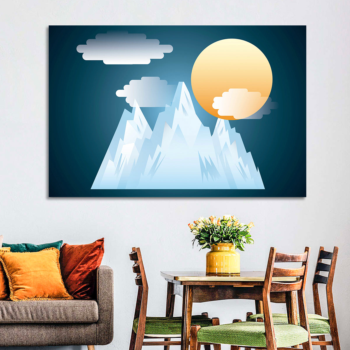 Geometric Snowy Mountain with Golden Sun Wall Art in a room, landscape