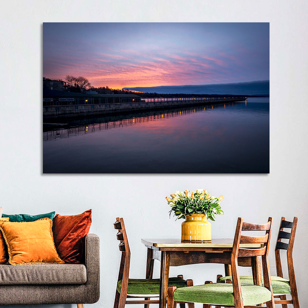 Skaneateles Lake Pier at Dusk Wall Art in a room, landscape