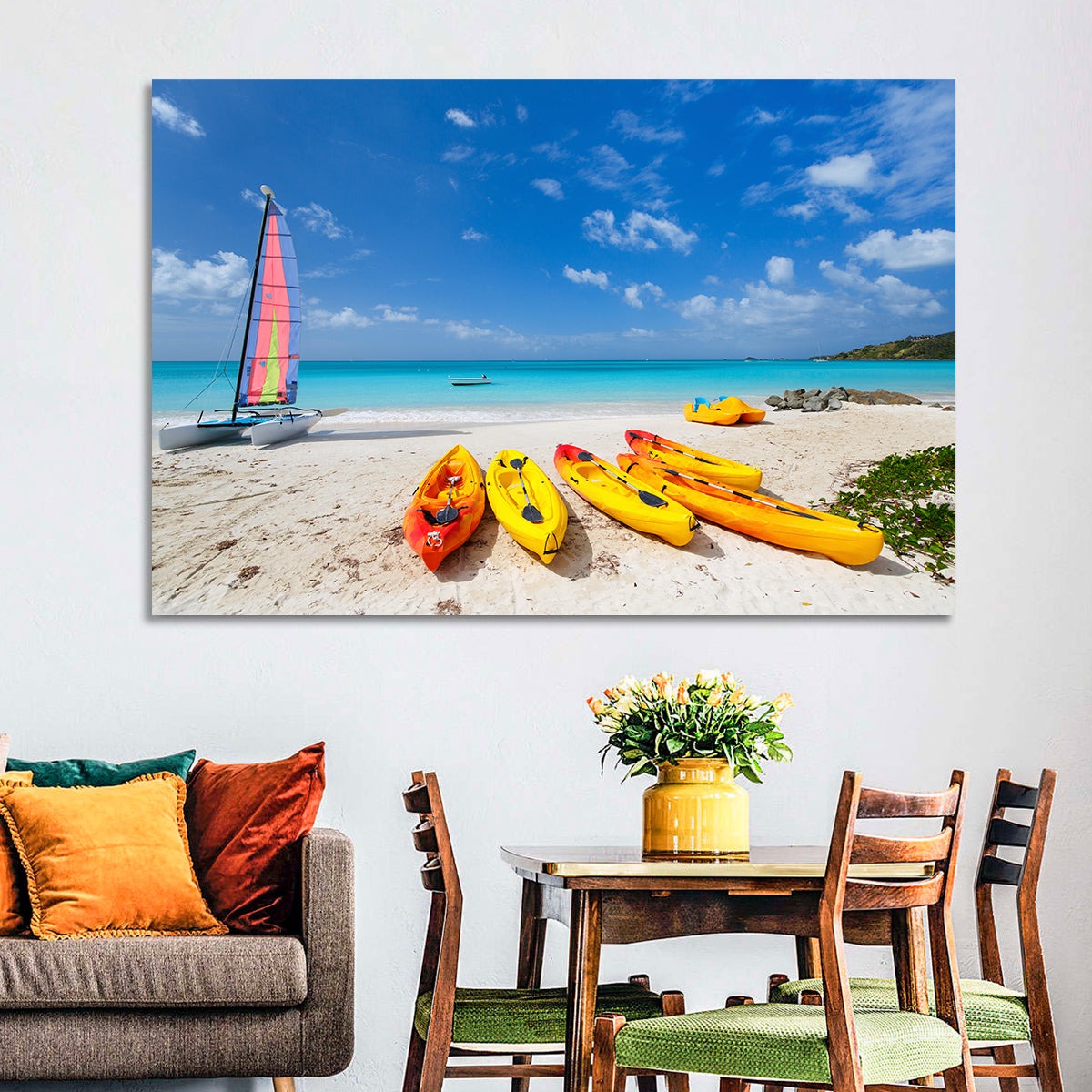 Yellow Kayaks on Tropical Beach Wall Art in a room, landscape