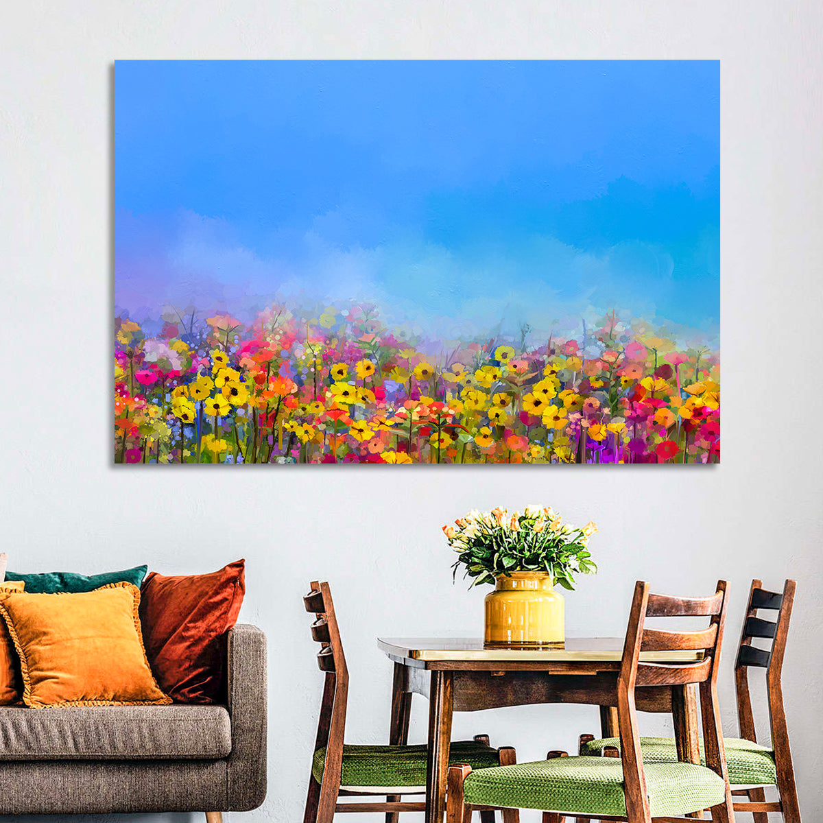 Cornflower and Daisy Meadow Wall Art in a room, landscape