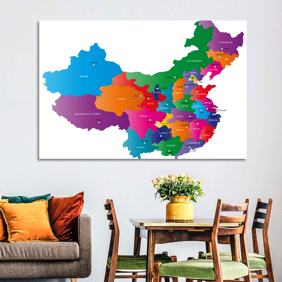 Colorful China Provinces Map Wall Art