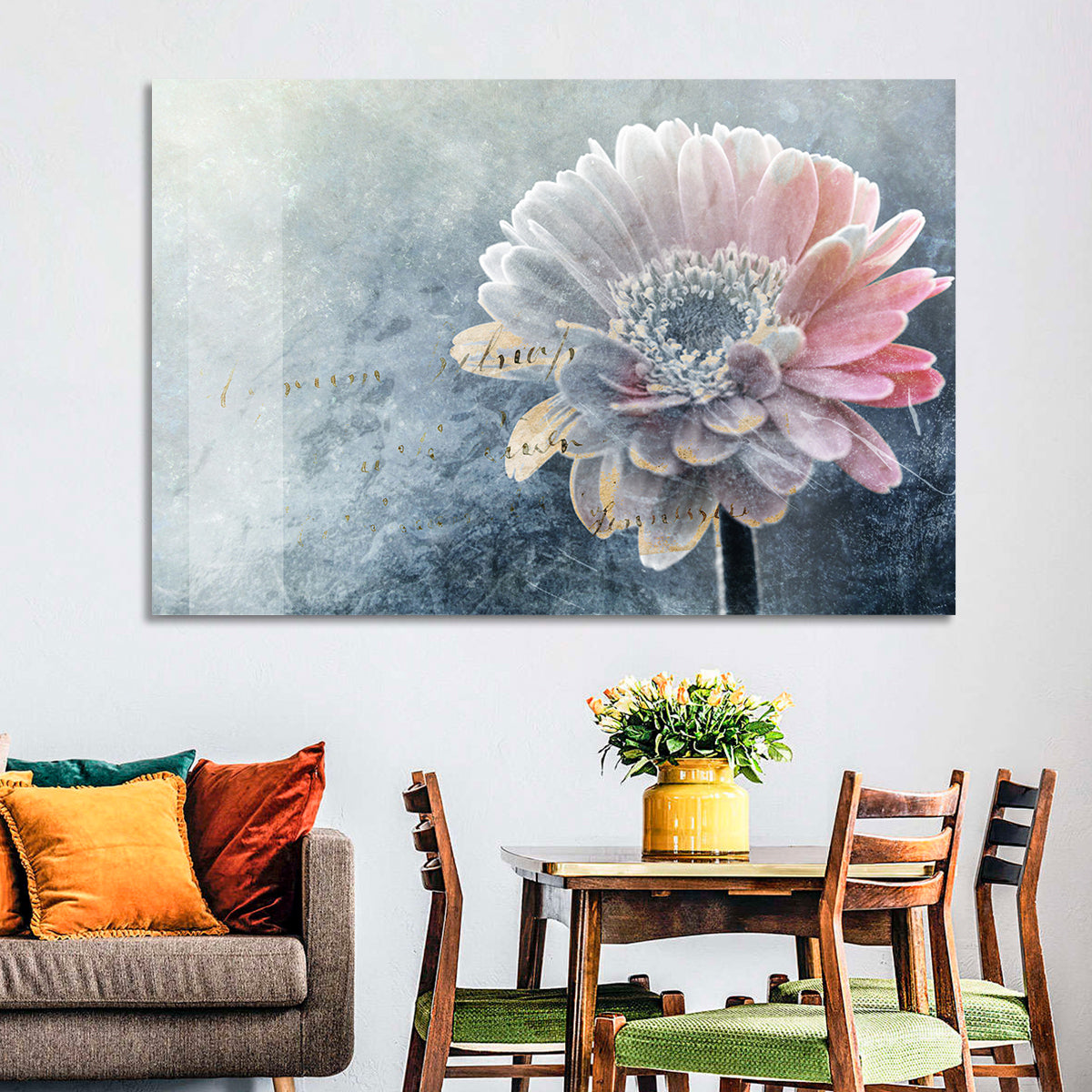 Winter Gerbera with Golden Script Wall Art in a room, landscape