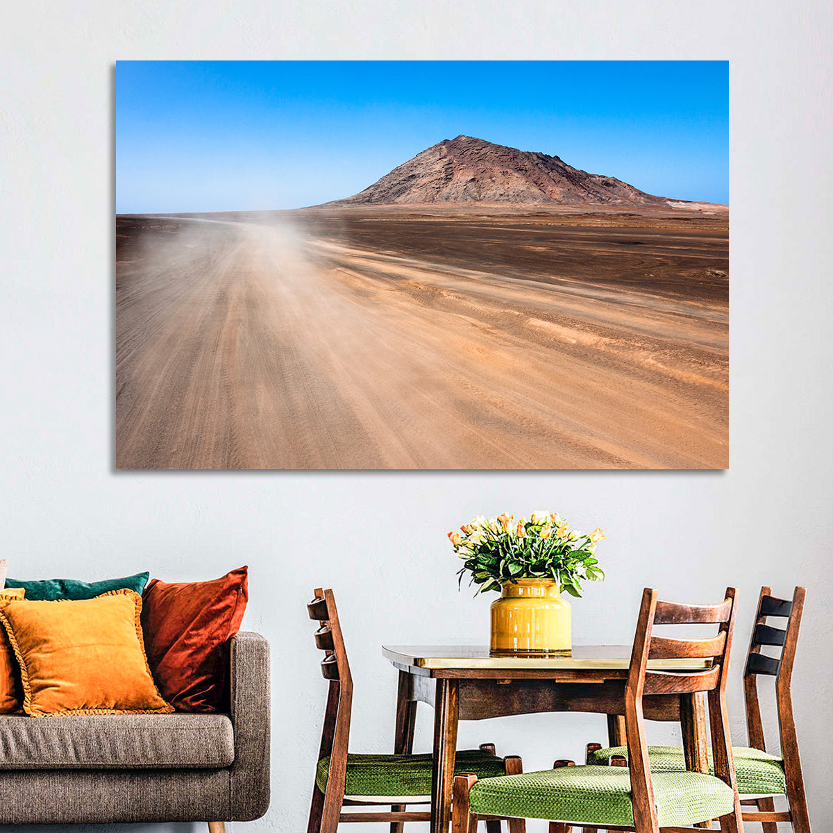 Cabo Verde Crater Road Wall Art in a room, landscape