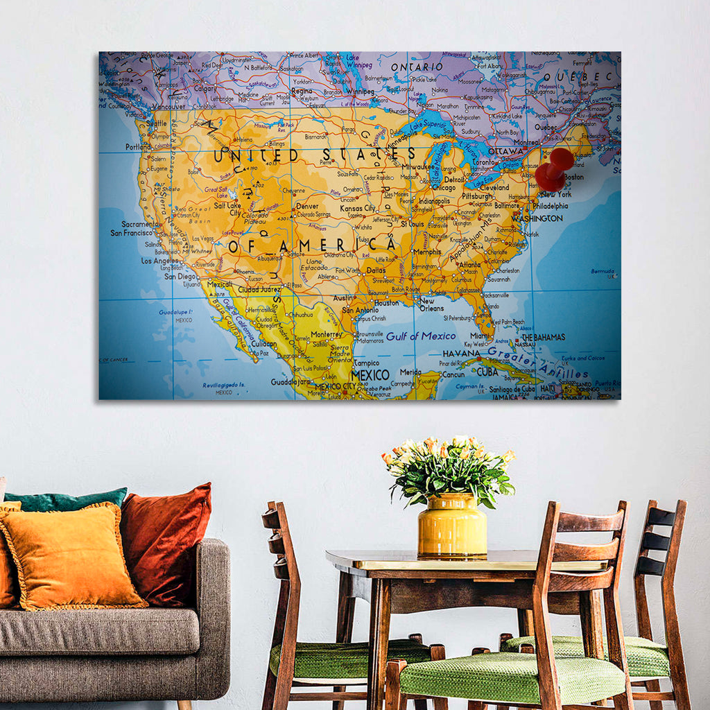 Vintage USA Map with Northeastern Pushpin Wall Art