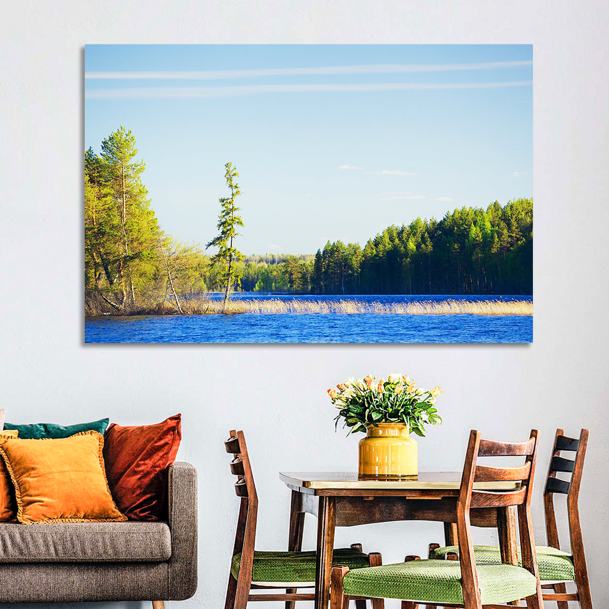 Summer Forest Lake Shoreline Wall Art in a room, landscape