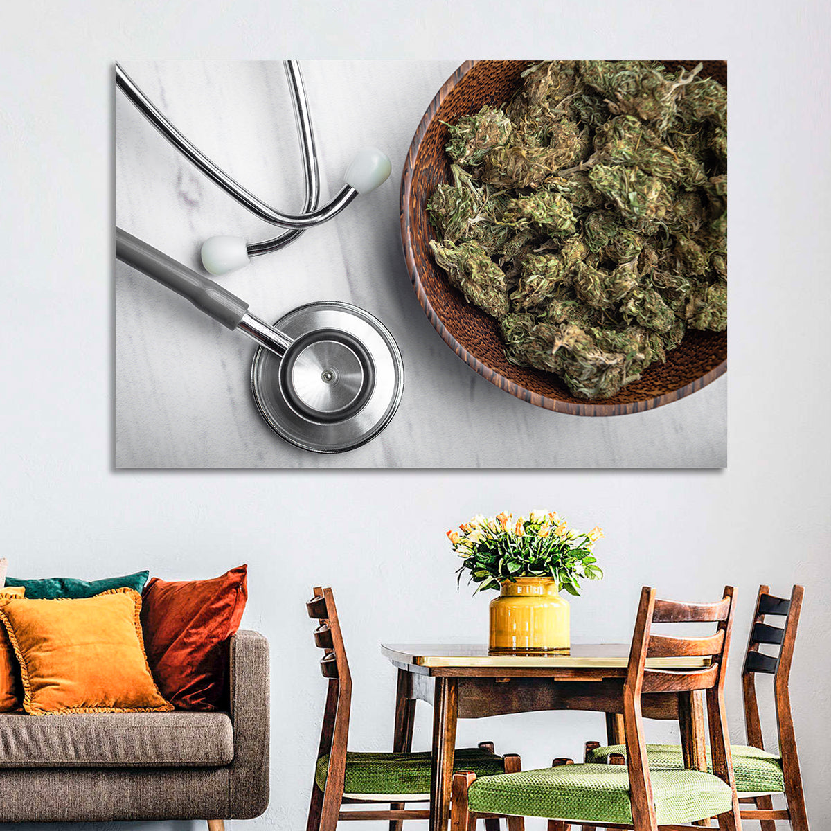 Stethoscope and Medical Cannabis Still Life Wall Art in a room, landscape