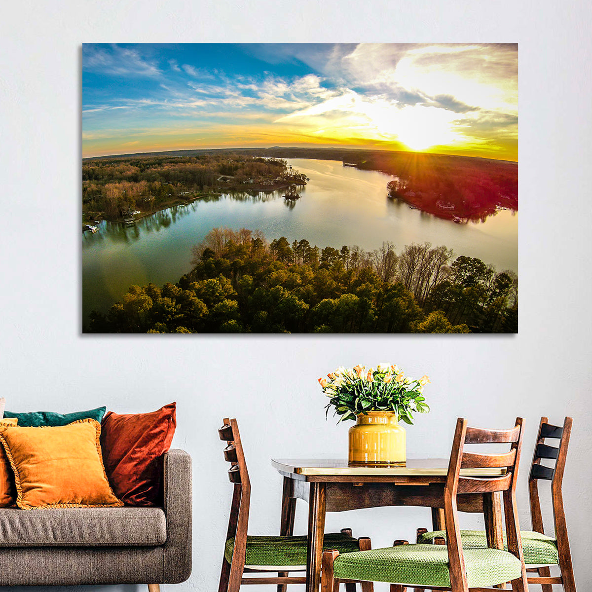 Lake Wylie Golden Sunset Wall Art in a room, landscape