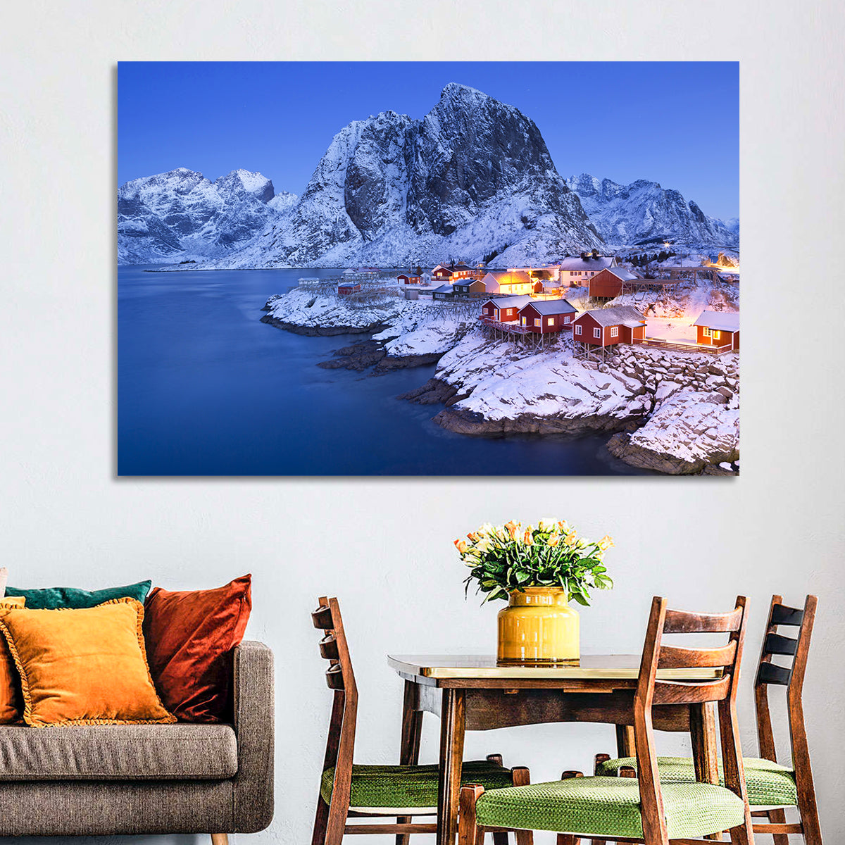 Hamnøy Red Cabins at Winter Dusk Wall Art in a room, landscape