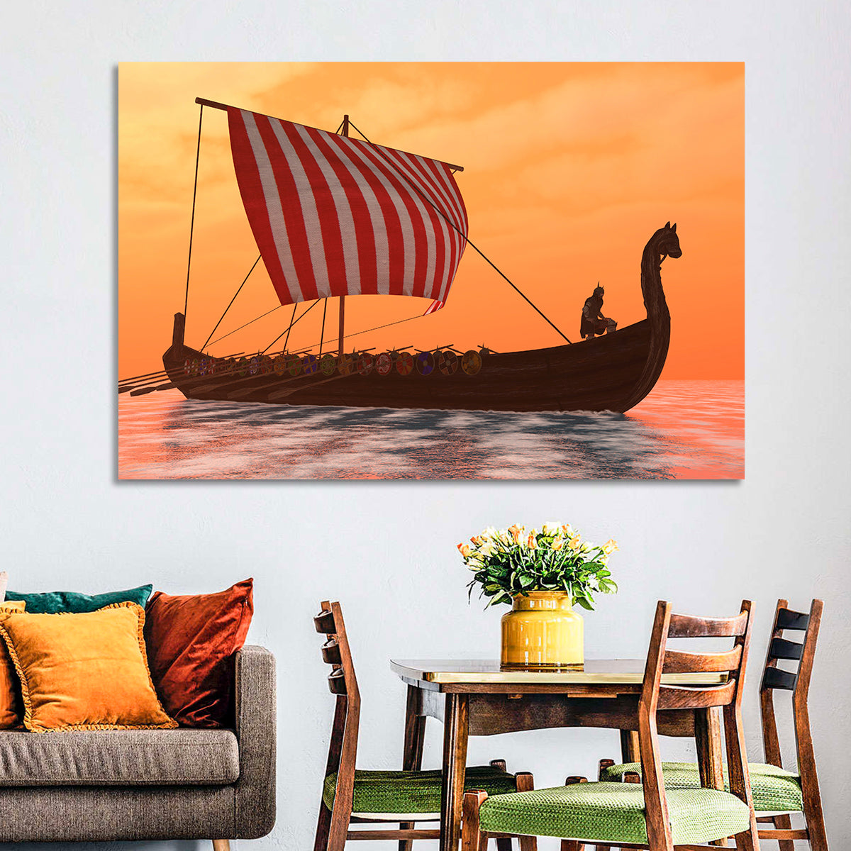 Viking Longship at Dusk Wall Art in a room, landscape