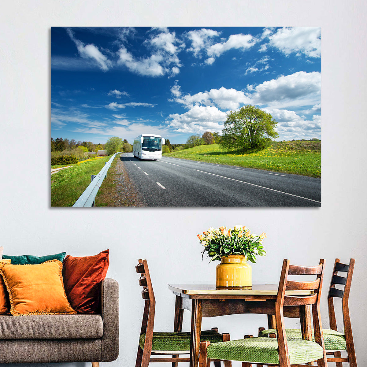 White Bus on Meadow Road Wall Art in a room, landscape
