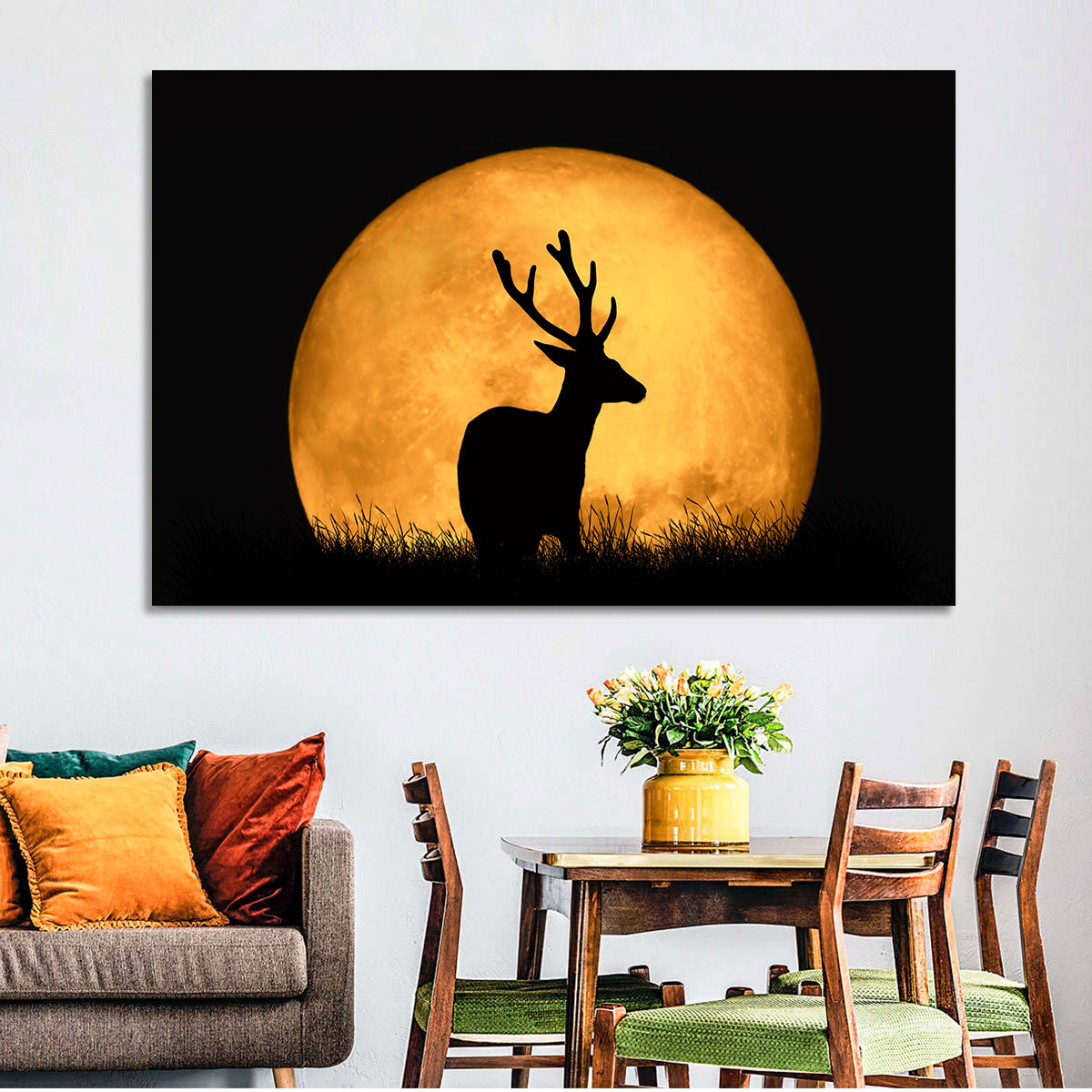 Buck Silhouette Under Red Moon Wall Art in a room, landscape