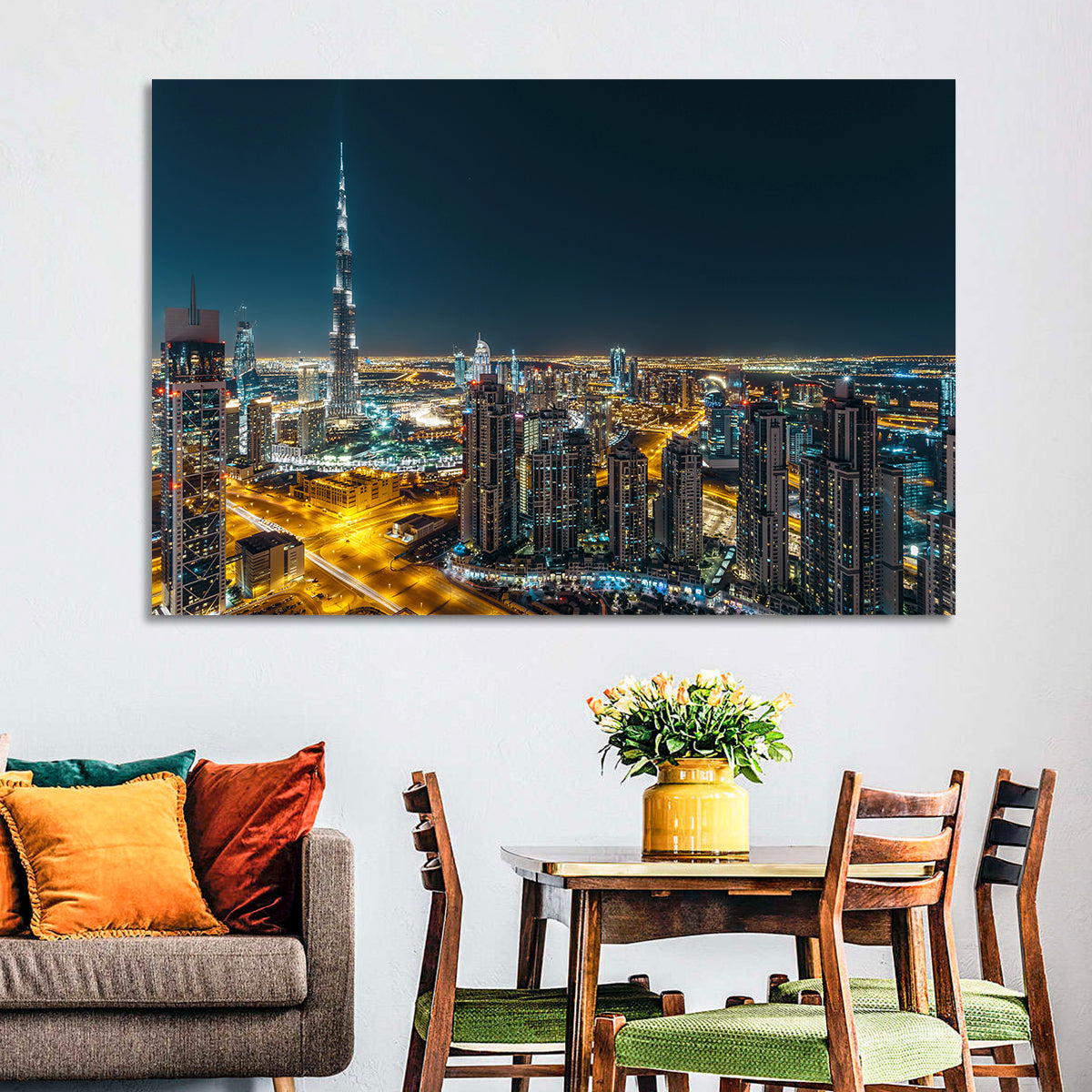 Dubai Night Skyline with Burj Khalifa Wall Art in a room, landscape