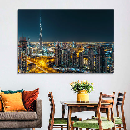 Dubai Night Skyline with Burj Khalifa Wall Art