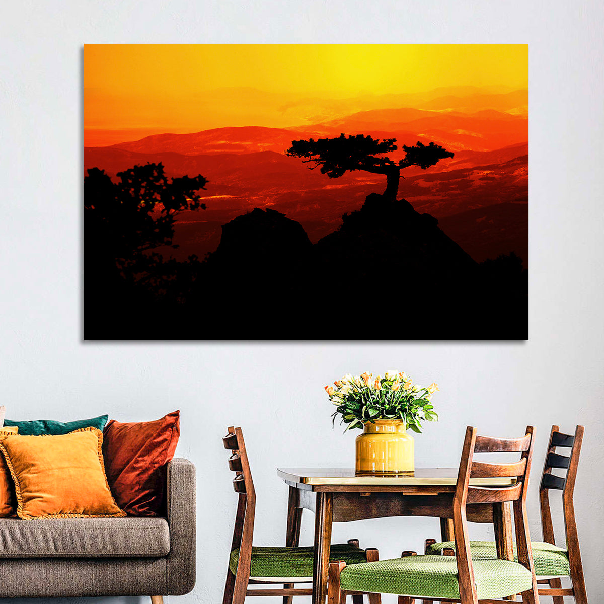 Gnarled Tree at African Sunset Wall Art in a room, landscape