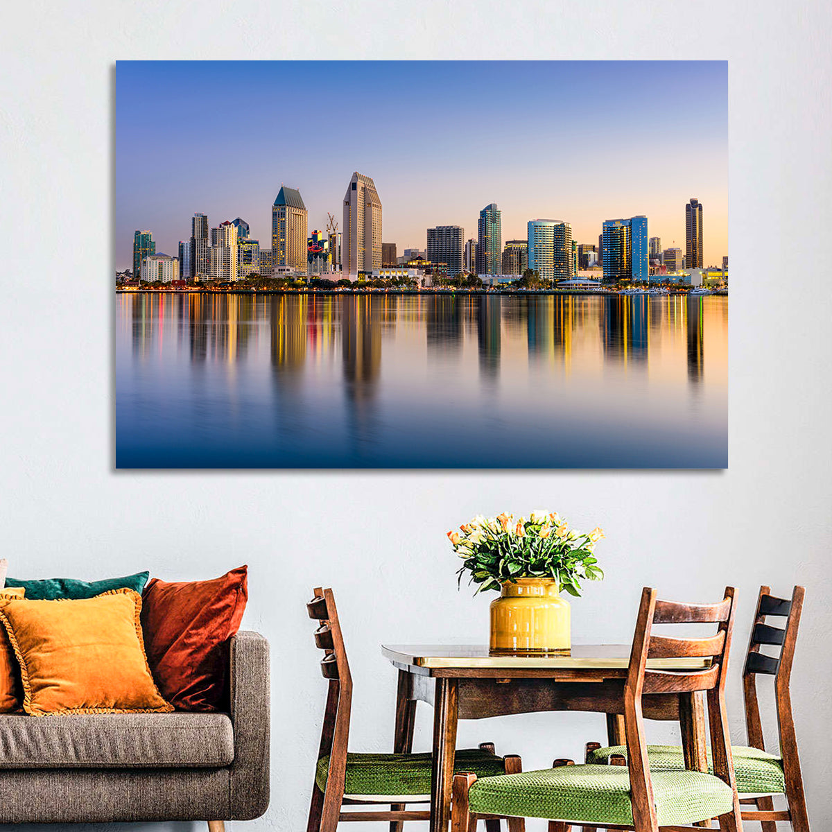 San Diego Skyline at Golden Dusk Wall Art in a room, landscape