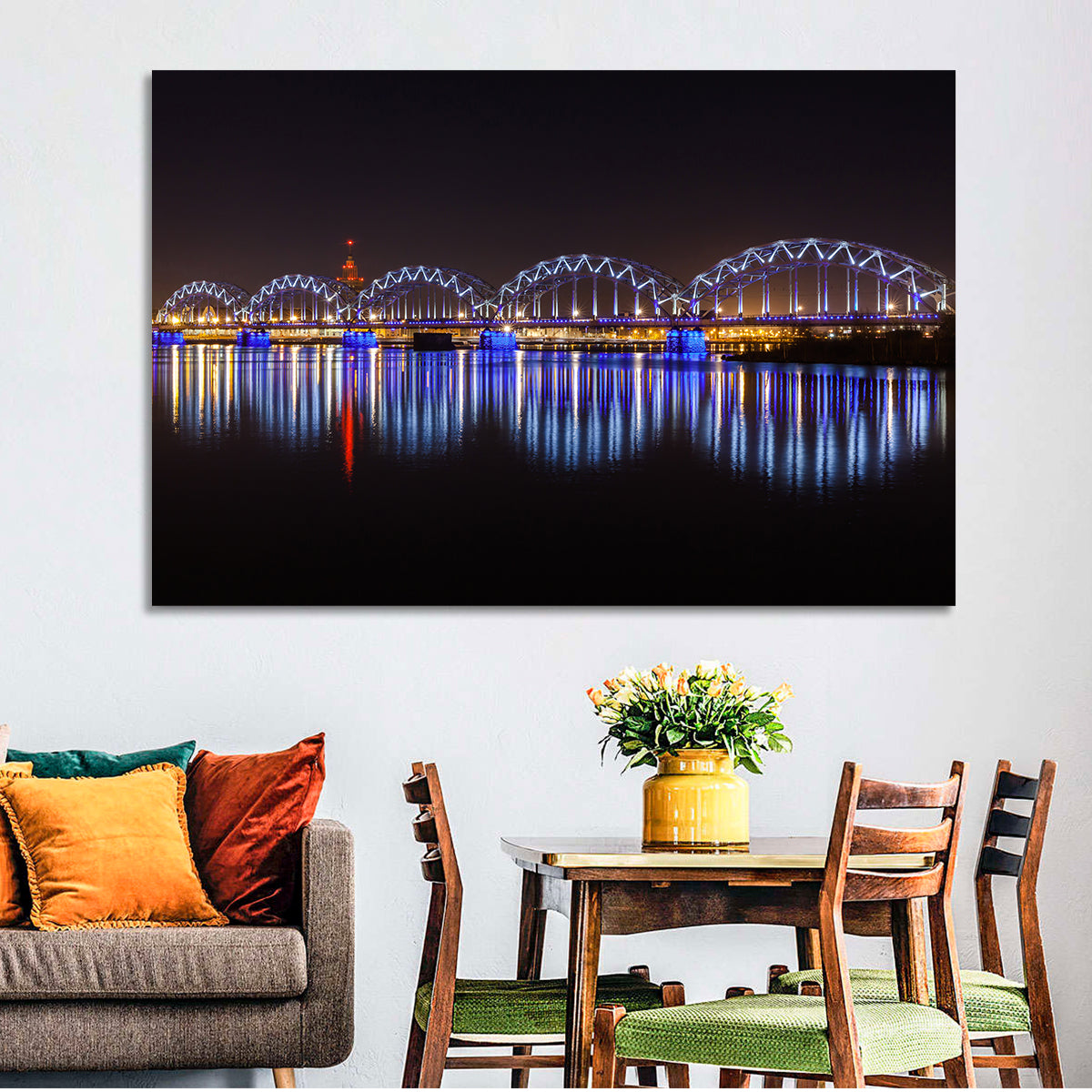 Riga Railway Bridge Nightscape Wall Art in a room, landscape