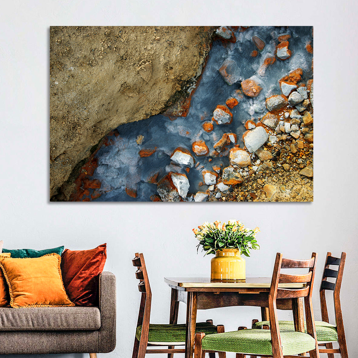 Milky Blue Geothermal Creek Wall Art in a room, landscape
