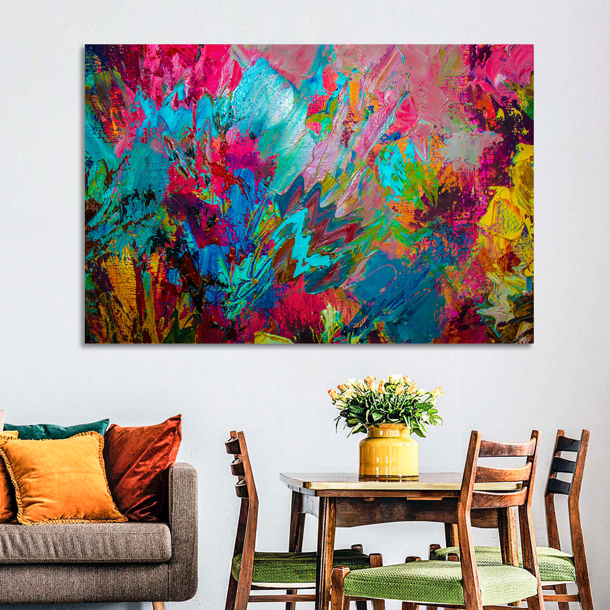 Vibrant Impasto Color Burst Abstract Wall Art in a room, landscape