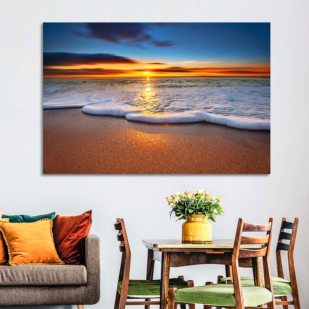 Sun Flare Beach Sunrise Wall Art in a room, landscape