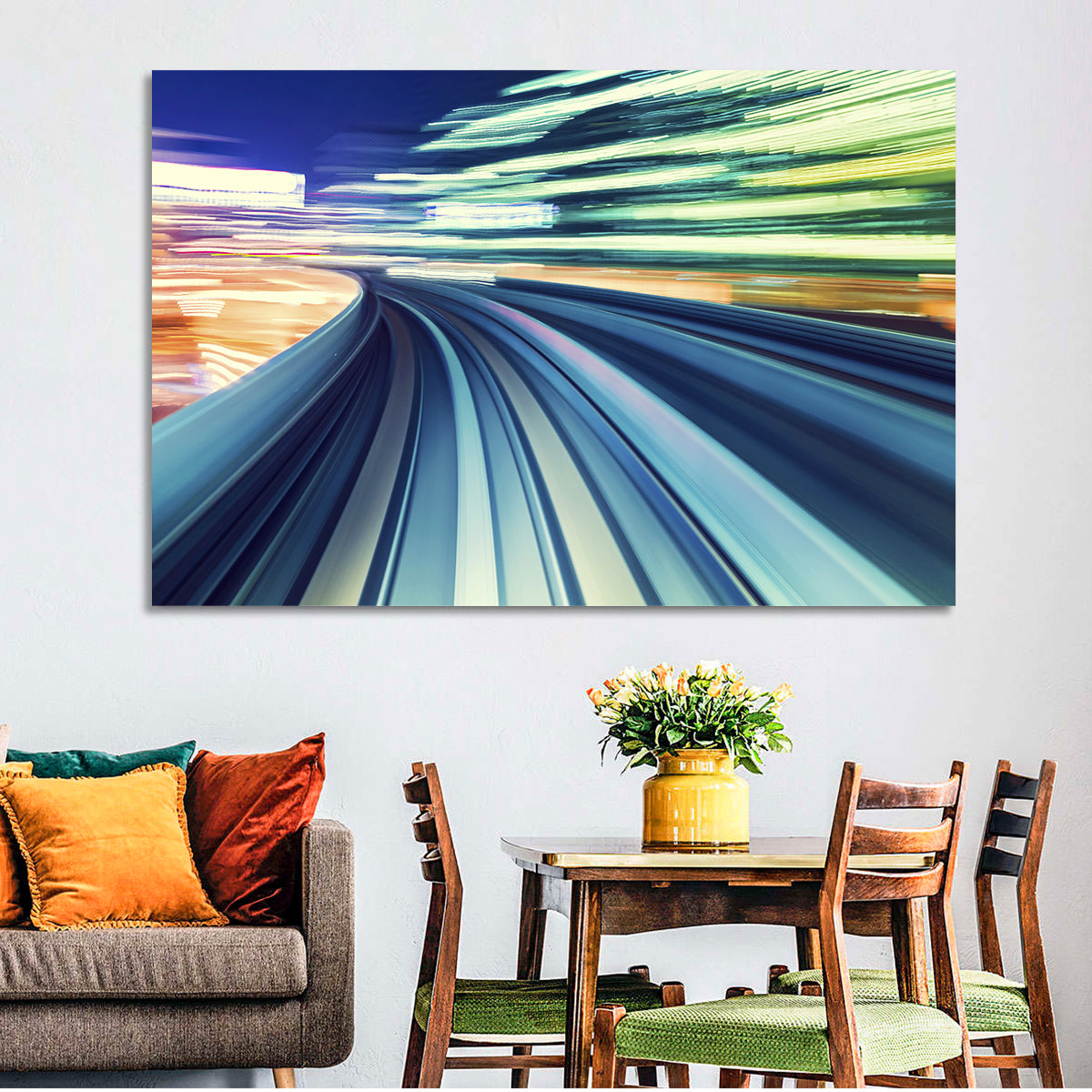 Curved Monorail Light Trails Wall Art in a room, landscape