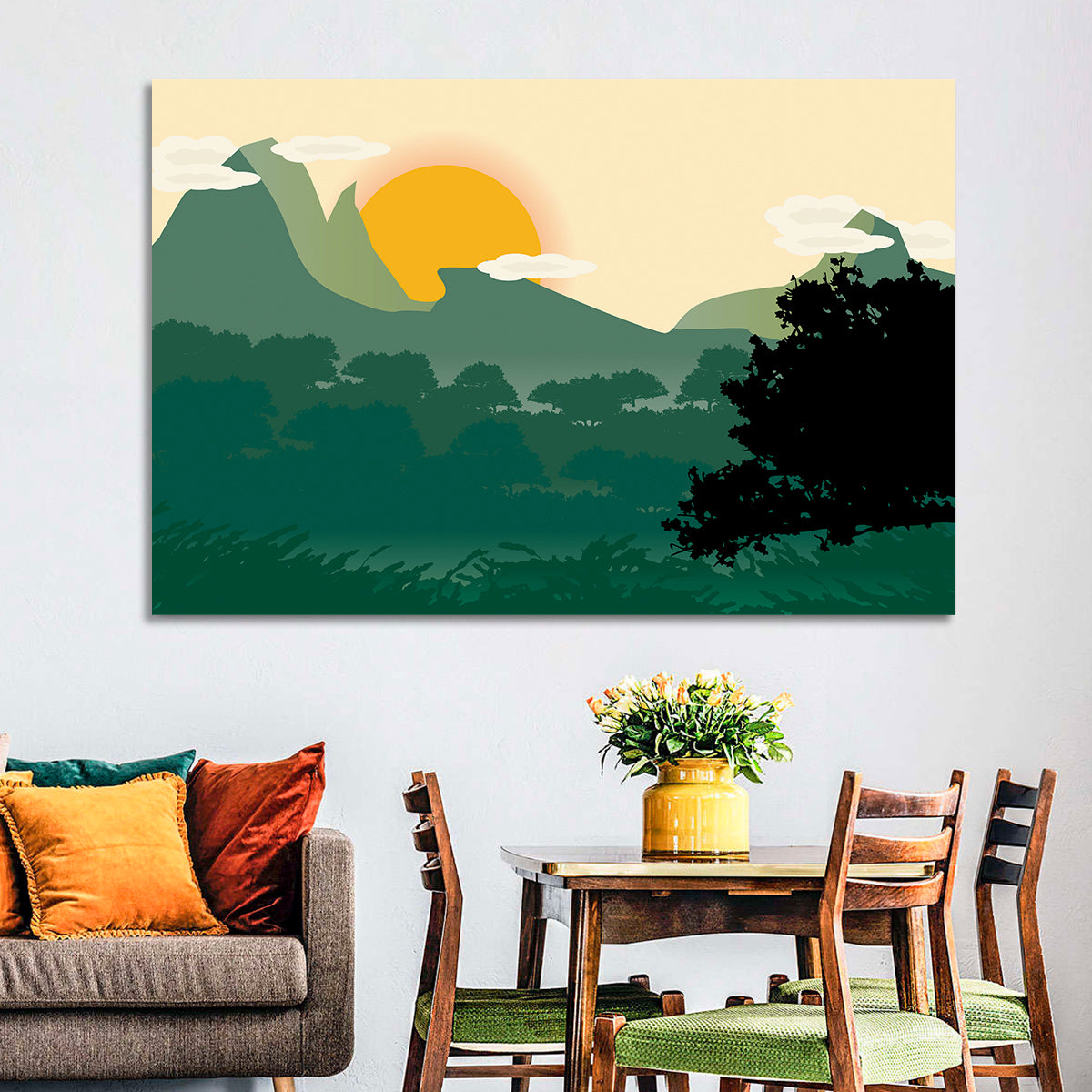 Geometric Mountain Forest Sunrise Wall Art in a room, landscape