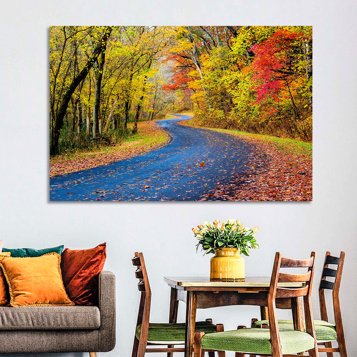 Wet Autumn Road Wall Art in a room, landscape