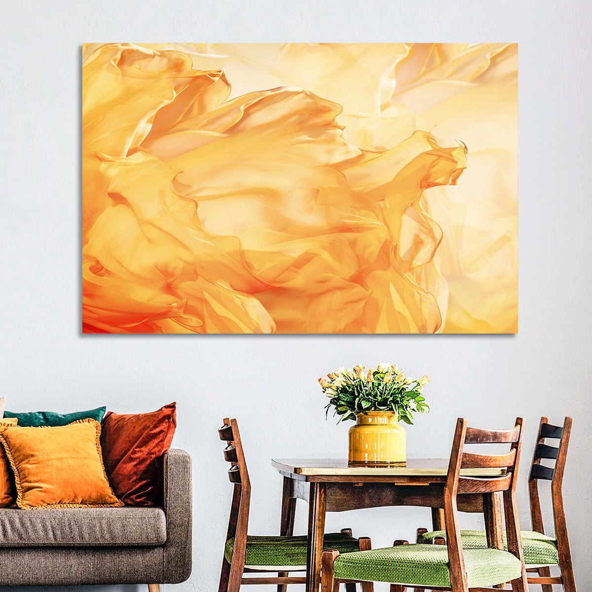 Golden Waving Cloth Abstract Wall Art in a room, landscape