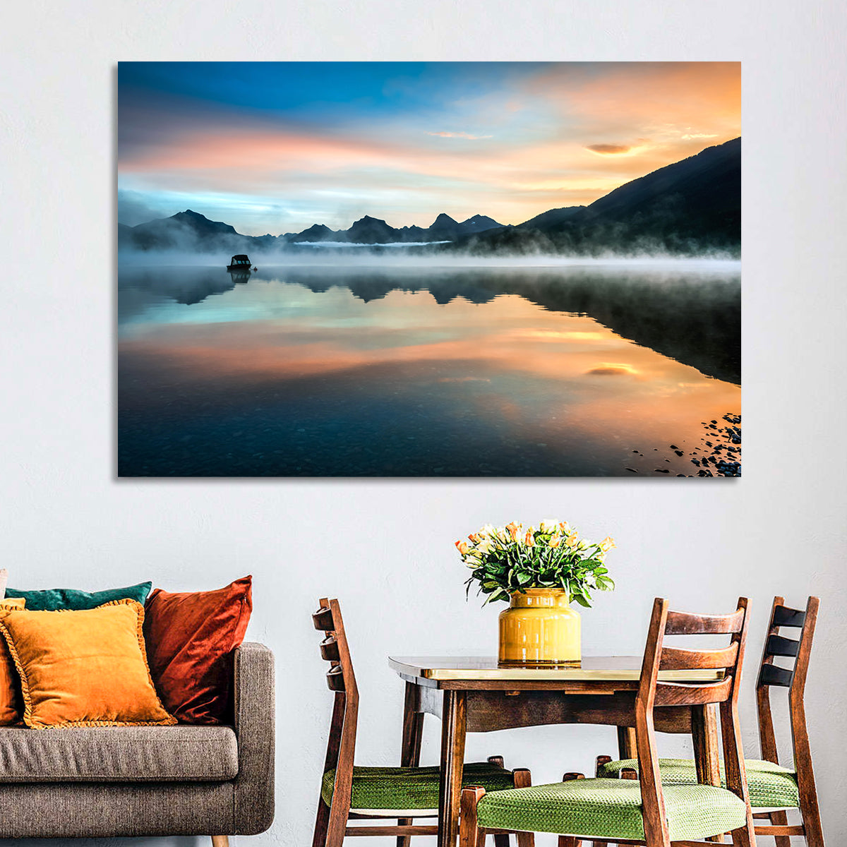Lake Mcdonald Dawn Mist Wall Art in a room, landscape
