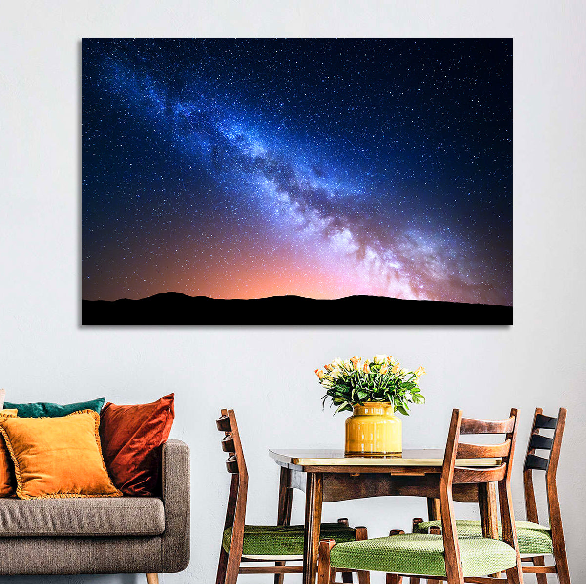 Milky Way Over Silhouetted Hills Wall Art in a room, landscape