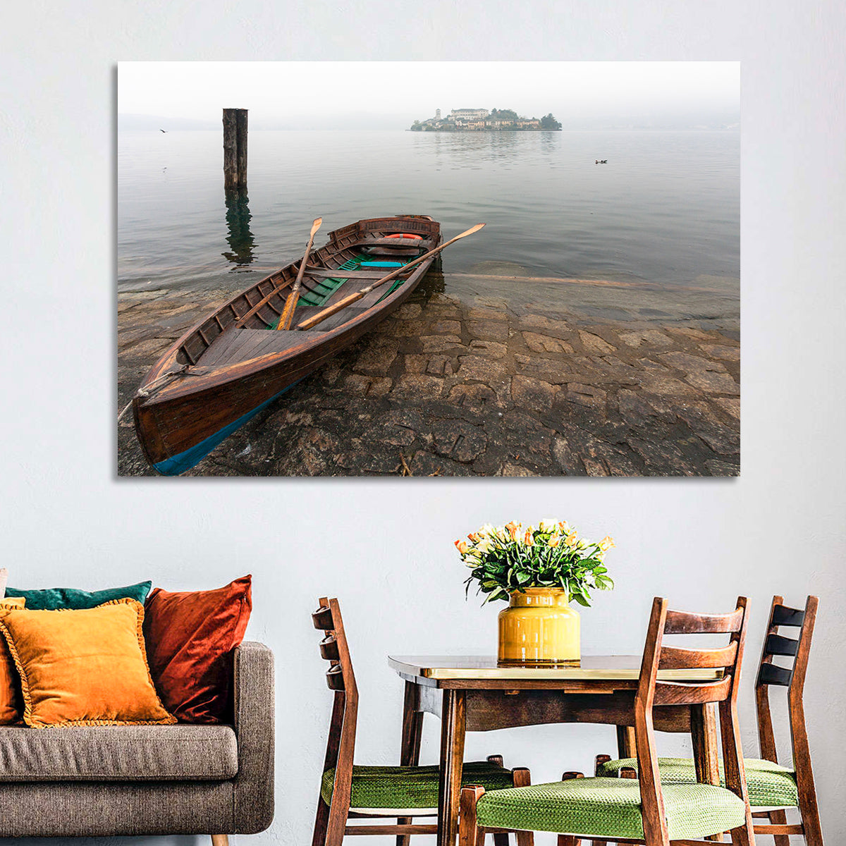 Rowboat on Lake Orta Wall Art in a room, landscape