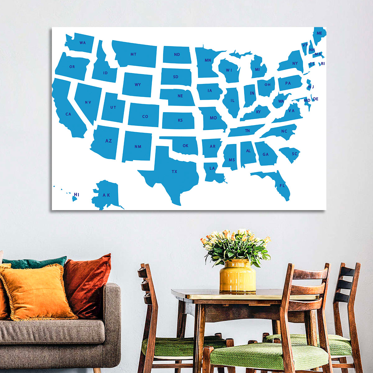 Blue Minimalist USA Map Wall Art