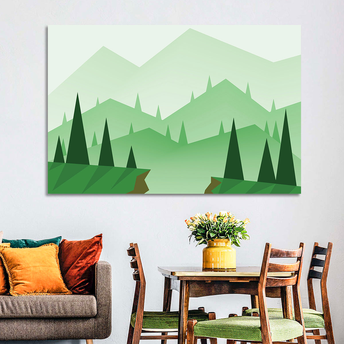 Misty Green Hills Illustration Wall Art in a room, landscape
