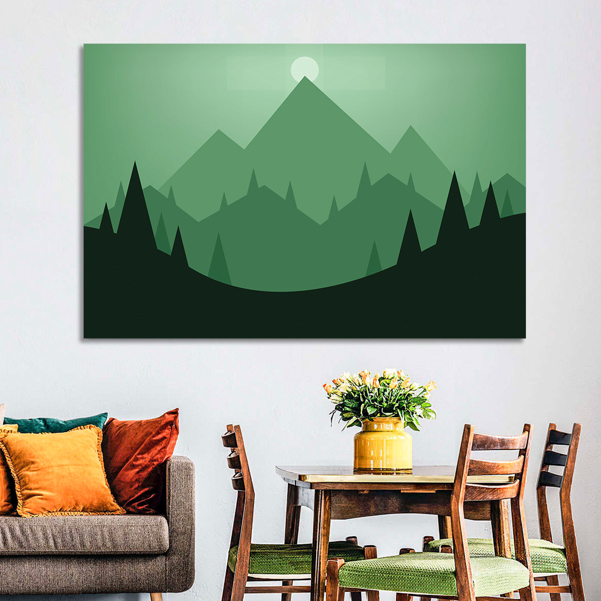 Geometric Mountain Sunset Illustration Wall Art in a room, landscape