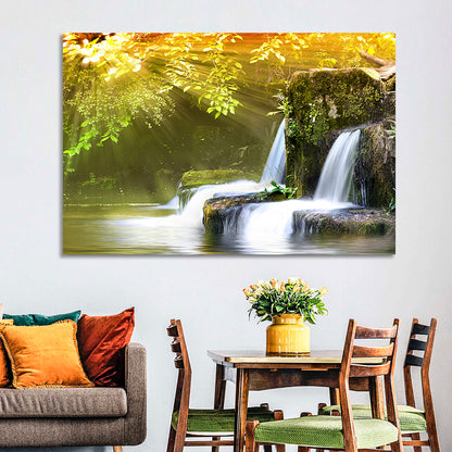 Sunlit Forest Waterfall Wall Art