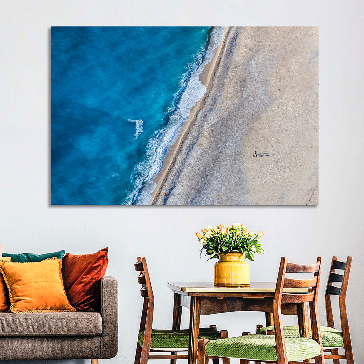 Myrtos Beach Aerial View Wall Art in a room, landscape
