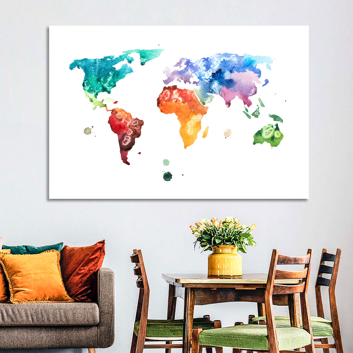 Multicolor Watercolor World Map Wall Art in a room, landscape