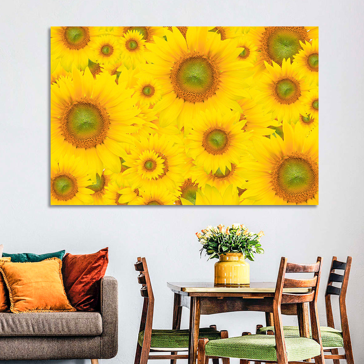 Sunflower Field Close-up in Yellow Wall Art in a room, landscape
