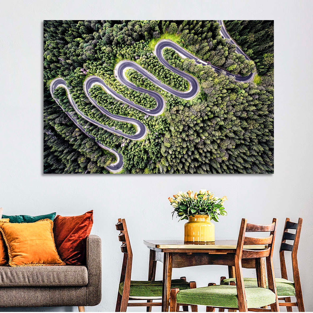 Serpentine Mountain Road Wall Art in a room, landscape