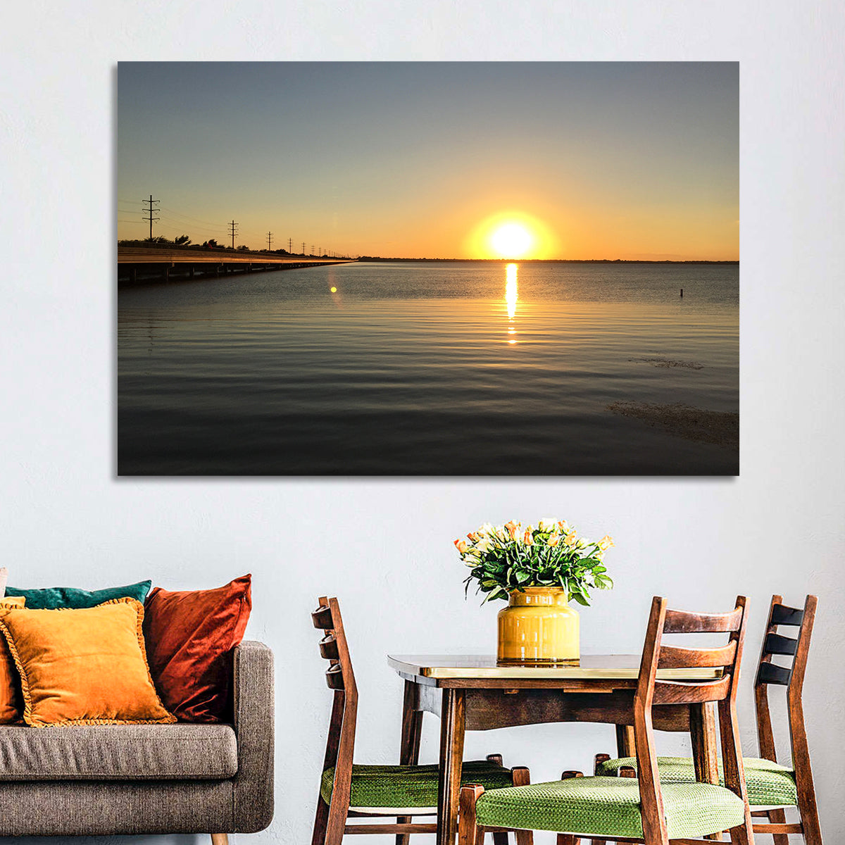 Lake Ray Hubbard Sunset Reflection Wall Art in a room, landscape
