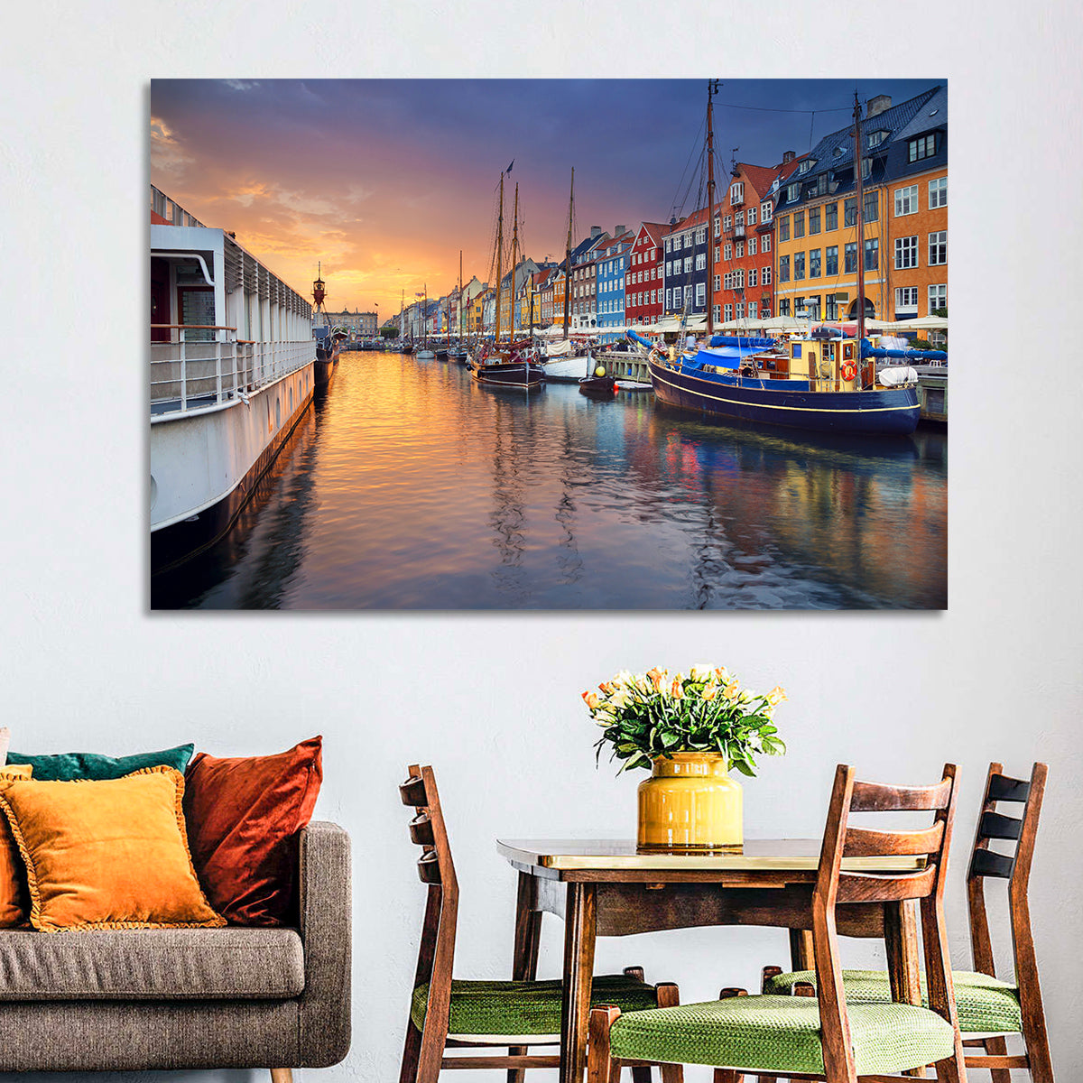 Nyhavn Canal at Sunset Wall Art in a room, landscape